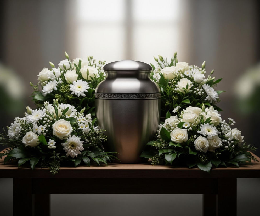 Centralnie, na drewnianym blacie stołu, stoi metalowa urna o cylindrycznym kształcie, z wyraźną, wytłoczoną obwódką wzoru geometrycznego na dolnej części. Urna jest otoczona czterema bukietami świeżych, białych kwiatów, głównie róż i chryzantem, z licznymi zielonymi liśćmi i drobnymi białymi kwiatostanami gipsówki. Tło jest rozmyte, z jaśniejszym, prostokątnym obszarem u góry, wyglądającym na okno, i ciemniejszymi, rozmytymi kształtami po bokach, sugerującymi wnętrze pomieszczenia.