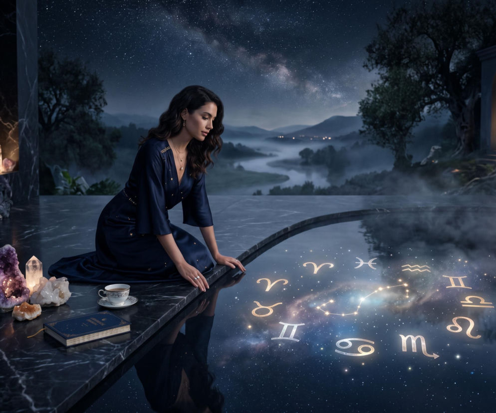 Kobieta przy wodzie z symbolami zodiaku pod nocnym niebem. O horoskopie dziennym na 14 lipca przeczytasz w SE.