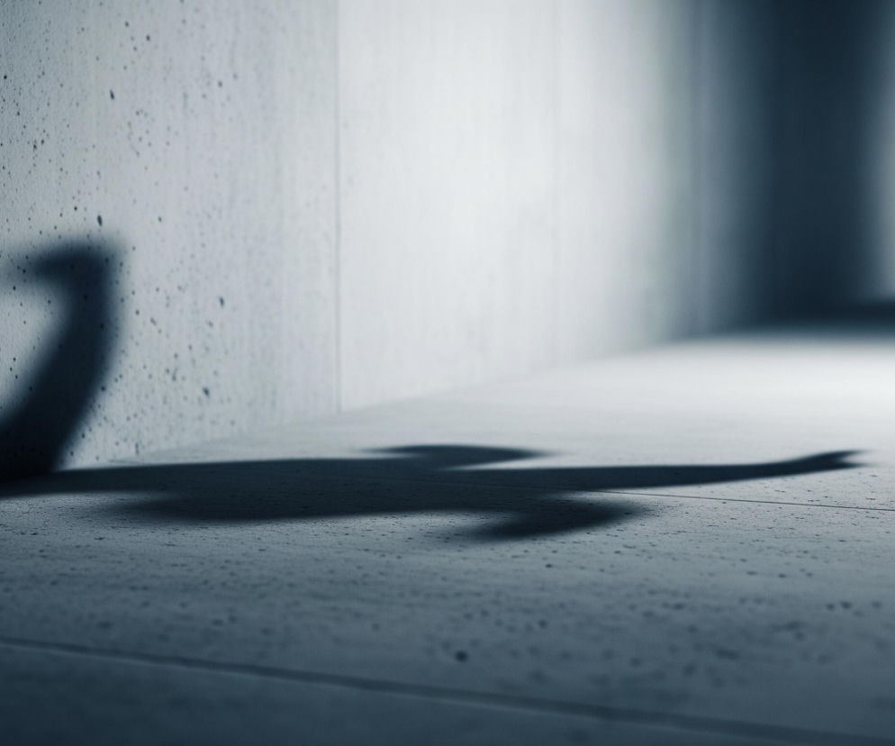 Ciemny, wyraźny cień przypominający sylwetkę ptaka w locie, rozciągający się na jasnoszarej, chropowatej ścianie po lewej stronie i na równie jasnoszarej podłodze, która wydaje się być częścią korytarza. Ściana i podłoga mają nierówną teksturę, z widocznymi drobnymi grudkami i zagłębieniami, sugerującymi materiał przypominający beton. W tle, korytarz staje się ciemniejszy i bardziej rozmazany, z powtarzającymi się pionowymi elementami po prawej stronie, tworzącymi wrażenie głębi i perspektywy. Oświetlenie pada z prawej strony, rzucając długi cień w lewą stronę kadru.