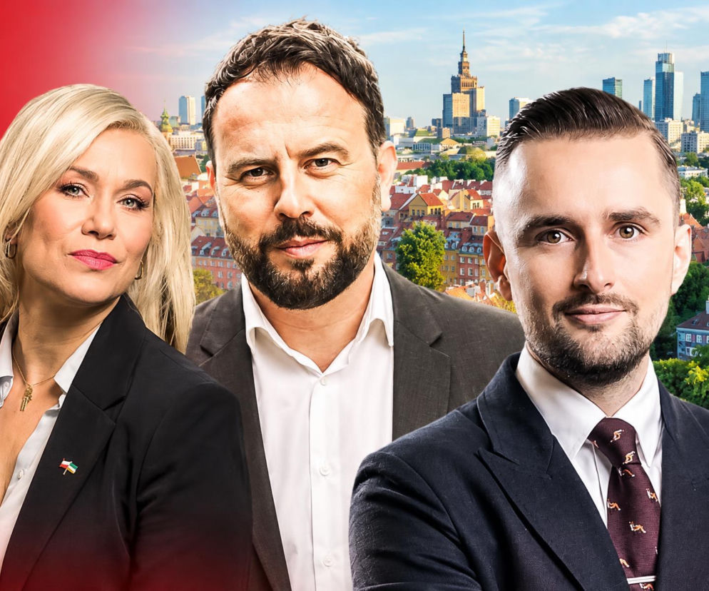 Kamila Biedrzycka, Jacek Nizinkiewicz i Tomasz Żółciak na tle panoramy Warszawy. O sporze w TK przeczytasz na SE Polityka.