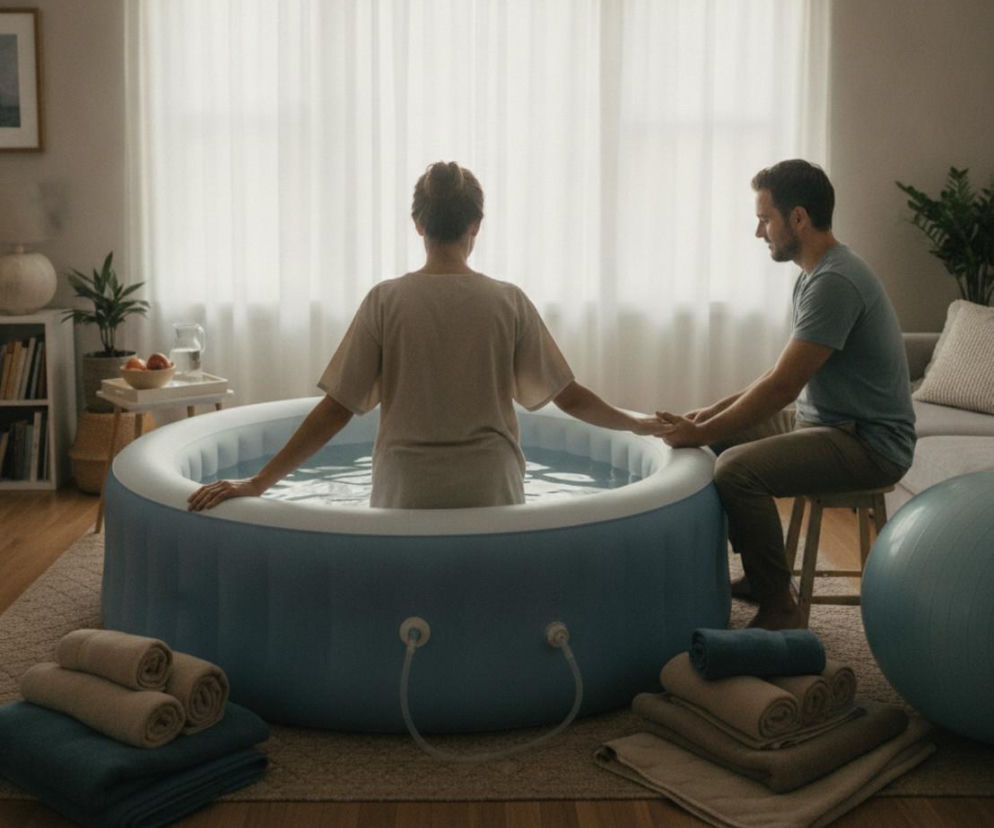 Kobieta w jasnej koszuli wchodzi do dmuchanego basenu porodowego wypełnionego wodą w domowym zaciszu, trzymając za rękę siedzącego obok mężczyznę. To odzwierciedla artykuł Poradnika Zdrowie o porodach domowych finansowanych przez NFZ.