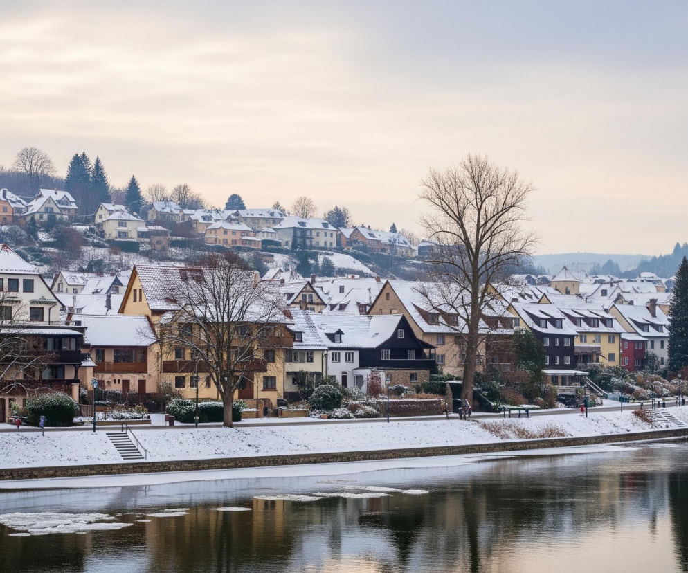 Rozległa panorama zimowa przedstawia rzekę w dolnej części, z lustrzanymi odbiciami budynków i drzew na wodzie. Brzeg rzeki po lewej i pośrodku jest pokryty śniegiem, z widocznymi schodami prowadzącymi w dół do wody oraz wąską ścieżką biegnącą wzdłuż brzegu. Po prawej stronie rzeki unosi się kilka płatów lodu na ciemnej, spokojnej wodzie.

Wzdłuż rzeki rozciąga się pas zabudowań mieszkalnych o różnobarwnych elewacjach, z dachami pokrytymi grubą warstwą białego śniegu. Domy te, widoczne po obu stronach rzeki, są częściowo zasłonięte przez liczne nagie drzewa, których czarne gałęzie kontrastują z bielą śniegu i szarością nieba. W tle, na wzniesieniach, widać kolejne zabudowania mieszkalne, również przysypane śniegiem, oraz zalesione, ciemne wzgórza po prawej stronie. Niebo jest blade, jasnoszare, co sugeruje pochmurny zimowy dzień.