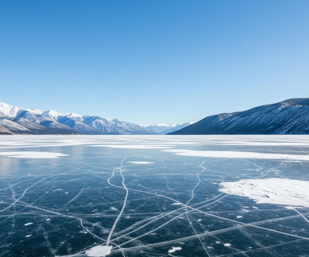 Duży, zamarznięty zbiornik wodny, prawdopodobnie jezioro, rozciąga się w kierunku horyzontu. Powierzchnia lodu jest pokryta siecią licznych pęknięć i spękań, które tworzą białe, nieregularne linie, miejscami widoczne są też płaty śniegu. Po obu stronach jeziora wznoszą się zaśnieżone góry, na których szczytach widać biały śnieg, a niżej ciemniejsze formacje skalne i drzewa. Nad górami i jeziorem rozciąga się bezchmurne, błękitne niebo.