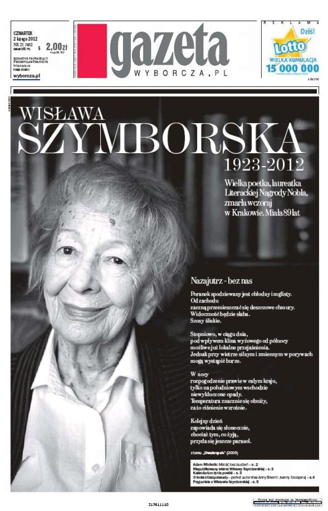 Wisława Szymborska NIE ŻYJE - okładki gazet 02.02.2012