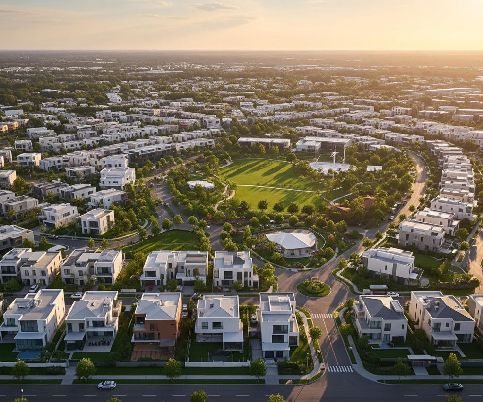Obszerne osiedle domów jednorodzinnych rozciąga się pod zachodzącym słońcem, ukazując jasne, modernistyczne budynki z płaskimi lub spadzistymi dachami. W centrum osiedla znajduje się duży, zielony obszar rekreacyjny z trawiastym boiskiem, otoczony drzewami i krzewami, oraz widoczne są ścieżki i mały zbiornik wodny. Układ ulic jest zorganizowany wokół centralnego parku, tworząc koncentryczne rzędy domów, a białe samochody widoczne są na szerokich, asfaltowych drogach. Horyzont na zdjęciu jest rozmyty, a niebo przybiera ciepłe, pomarańczowo-żółte barwy, kontrastujące z zielenią roślinności i bielą budynków.