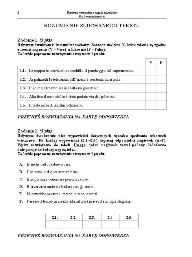 Matura 2014 Język Włoski poziom podstawowy