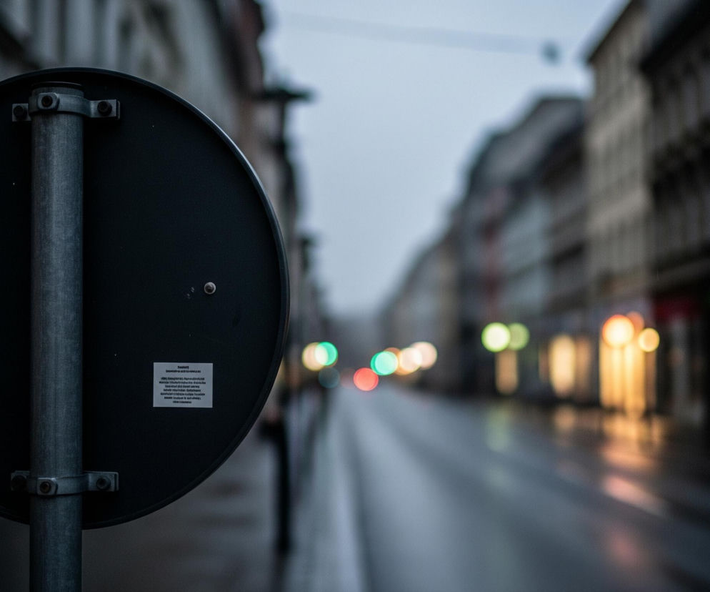 Od tyłu widoczny jest okrągły, ciemnoszary znak drogowy zamocowany na pionowym słupie. Na znaku, w jego dolnej części, przyklejona jest prostokątna, biała naklejka z drobnym, czarnym tekstem. Tło stanowi rozmyta perspektywa ulicy miejskiej w pochmurny dzień lub o zmierzchu, z mokrą nawierzchnią odbijającą jaskrawe, kolorowe światła samochodów lub sygnalizacji świetlnej.