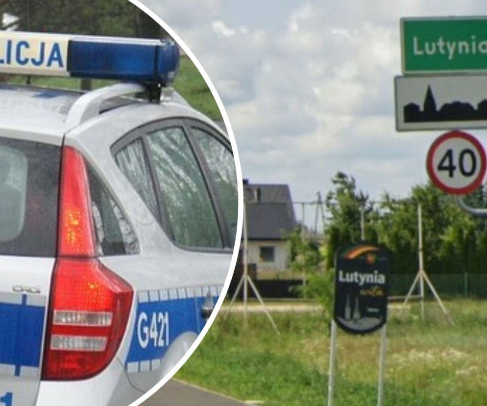 Radiowóz policyjny obok tablicy z nazwą miejscowości Lutynia. O areszcie dla 22-latka przeczytasz na SE Wrocław.