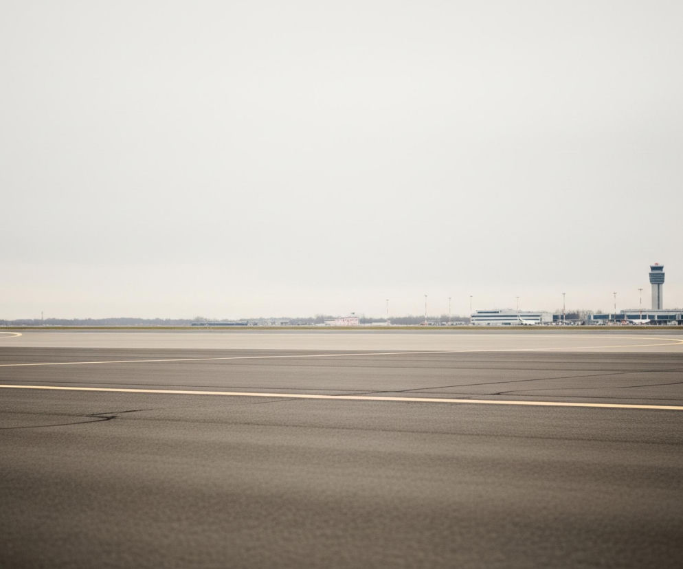 Na pierwszym planie widoczna jest ciemnoszara nawierzchnia asfaltowa, przecinana poziomą, cienką, żółtą linią. Dalej, za pasem asfaltu, rozciąga się szara powierzchnia pasa startowego. W tle, na horyzoncie, znajduje się kompleks budynków lotniskowych, z wyraźnie widoczną wieżą kontroli lotów po prawej stronie oraz licznymi słupami oświetleniowymi i zarysem lasu. Całość znajduje się pod jasnym, zachmurzonym niebem.