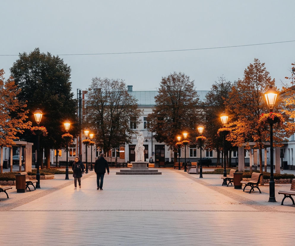 Ulica miejska o zmierzchu, oświetlona ciepłym, pomarańczowym światłem latarni po obu stronach. Dwie osoby idą środkiem, a trzecia z torbą po prawej stronie, w tle widoczne budynki z oknami i drzewa o jesiennych, pomarańczowych liściach. Na środku placu widać białą rzeźbę, a po bokach szereg ławek i koszy na śmieci. Niebo jest jasnoszare, a bruk ulicy ma delikatny, szary odcień.