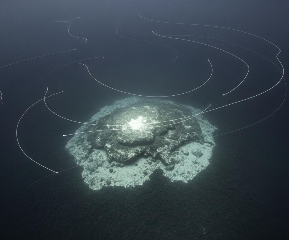 Podwodny widok przedstawia dużą, nieregularną formację w kształcie ameby, częściowo pokrytą jaśniejszym osadem, na dnie ciemnego akwenu. Centralna część formacji jasno świeci, tworząc punktowe rozbłyski światła na jej powierzchni. Od tego obszaru rozchodzą się liczne, cienkie, białe smugi, przypominające ślady ruchu, które zakrzywiają się i biegną w różnych kierunkach w ciemnej wodzie. Okoliczny obszar dna pokryty jest ciemniejszymi, ziarnistymi strukturami.