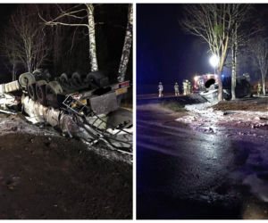 Giżycko. Wypadek cysterny z mlekiem. Kierowca był zakleszczony w kabinie 