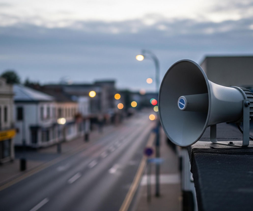 Na pierwszym planie, z prawej strony, znajduje się szary megafon skierowany w lewo, z okrągłym, jasnoniebieskim elementem w środku. Megafon umieszczony jest na ciemnym, szorstkim murku lub dachu, z którego zwisa czarny kabel. Tło jest rozmyte i przedstawia ulicę miejską z budynkami po obu stronach. W oddali widać rozmyte, jasne światła uliczne i lampy, a nad całością rozciąga się zachmurzone niebo w odcieniach szarości i błękitu.