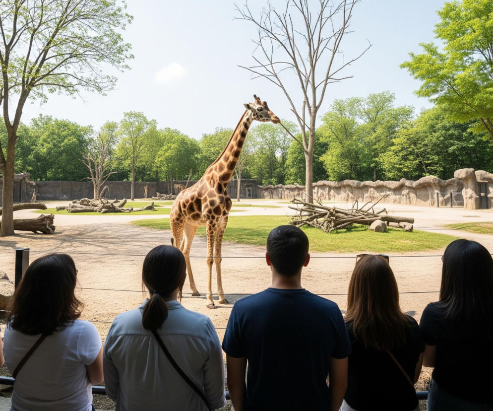 Dwie żyrafy, jedna większa stojąca na środku kadru i mniejsza w oddali po lewej, znajdują się w otoczeniu z drzewami i skałami. Duża żyrafa ma brązowo-beżową sierść z nieregularnymi plamami i długą szyję, wyciągniętą w kierunku nieba. Otoczenie żyraf składa się z trawiastego podłoża i piasku, a także z dużych kamieni i pni drzew leżących na ziemi. Na pierwszym planie widać z tyłu sześć osób, w różnym wieku, obserwujących zwierzęta za metalowym płotem.