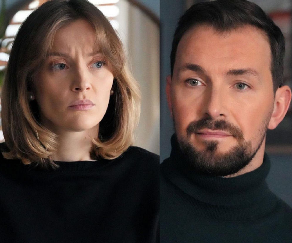 Kolaż portretów Renaty (Anna Mrozowska) i Marcina Kodura (Oskar Stoczyński) z serialu Barwy szczęścia, ukazujący zaniepokojoną kobietę z blond włosami do ramion oraz mężczyznę z brodą i wąsami. Więcej o ich losach przeczytasz na portalu Super Seriale.