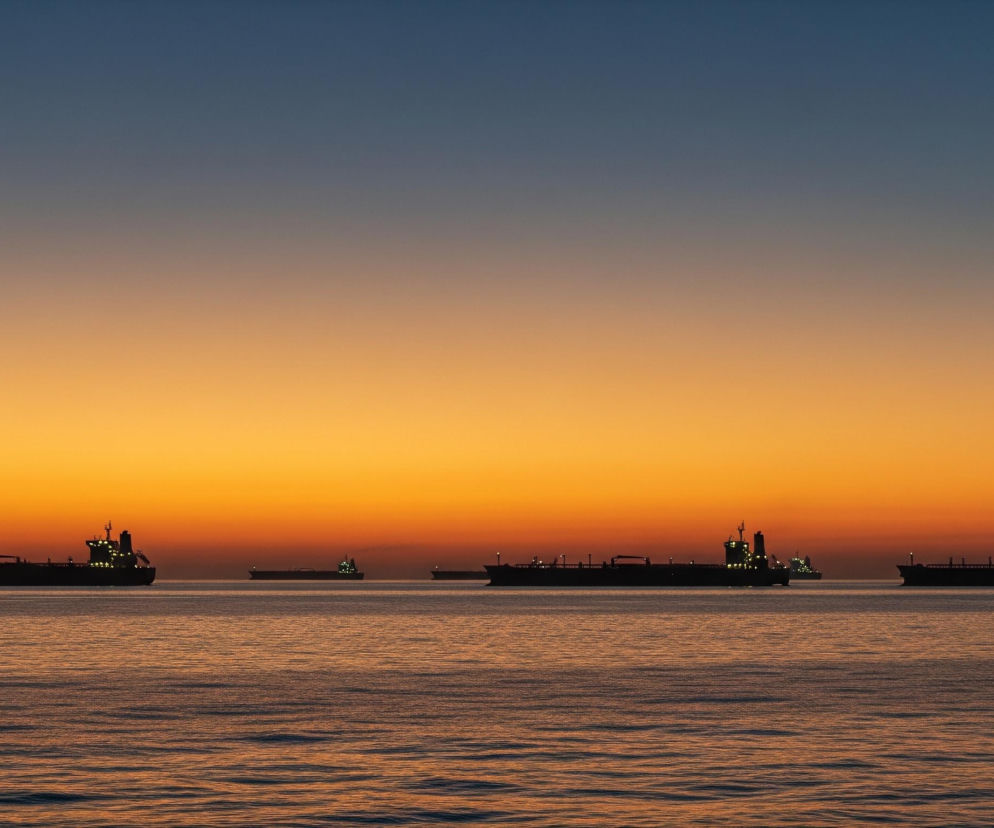 Na pierwszym planie, ciemne sylwetki wielu statków towarowych, prawdopodobnie tankowców, płyną równolegle po spokojnej tafli wody. Ich pokłady są rozświetlone licznymi żółtymi lampkami, odbijającymi się delikatnie w falach. Jeden ze statków po prawej stronie wydobywa ciemny dym z komina, który unosi się w górę. Horyzont dominuje gradient kolorów: od głębokiego granatu na samej górze, przechodzącego w jaśniejszy pomarańczowo-złoty odcień bliżej wody.