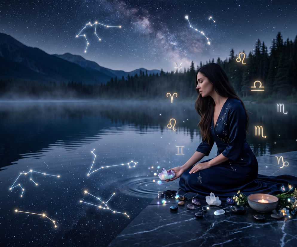 Kobieta na brzegu jeziora pod gwiazdami z symbolami zodiaku. O horoskopie dziennym przeczytasz na SE.