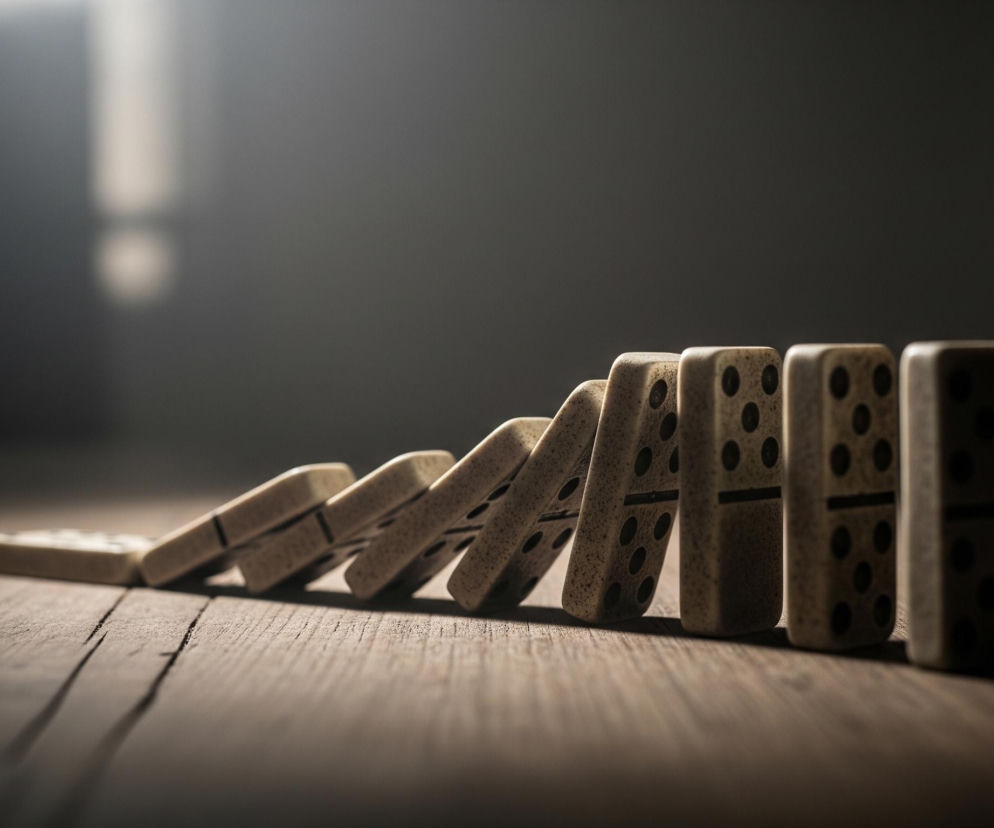 Rząd kremowych kostek domina, z czarnymi kropkami, ułożony jest na ciemnym, drewnianym blacie, który ma widoczne usłojenie i spękania. Kostki domina przewracają się, tworząc efekt łańcuchowy, z lewej strony leży już przewrócona kostka, a z prawej stoją jeszcze trzy. Cała scena jest oświetlona światłem wpadającym z lewej strony, tworząc długie cienie rzucane przez kostki domina. Tło jest ciemne i rozmyte, z niewyraźnymi, jaśniejszymi smugami światła widocznymi w górnej części obrazu.