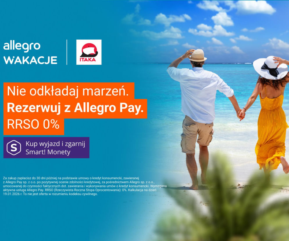 Para na plaży w słoneczny dzień. Obok logo Allegro Wakacje oraz ITAKA. O ofercie z Allegro Pay przeczytasz na Eska.