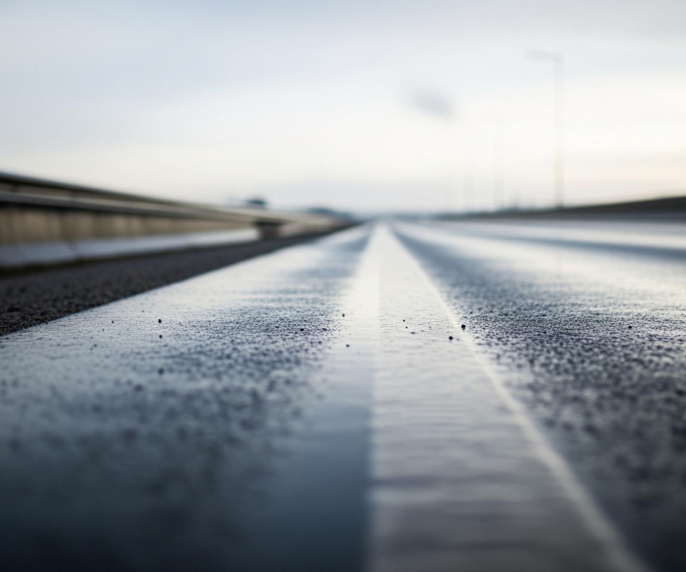 Asfaltowa nawierzchnia drogi z wyraźnie widoczną, białą, ciągłą linią środkową biegnie w głąb obrazu, gdzie staje się niewyraźna. Droga jest mokra i pokryta drobnymi kroplami wody, odbijającymi światło. Po lewej stronie widać fragment barierki ochronnej, a w tle majaczą niewyraźne, pionowe słupy latarni ulicznych pod jasnym, zachmurzonym niebem.