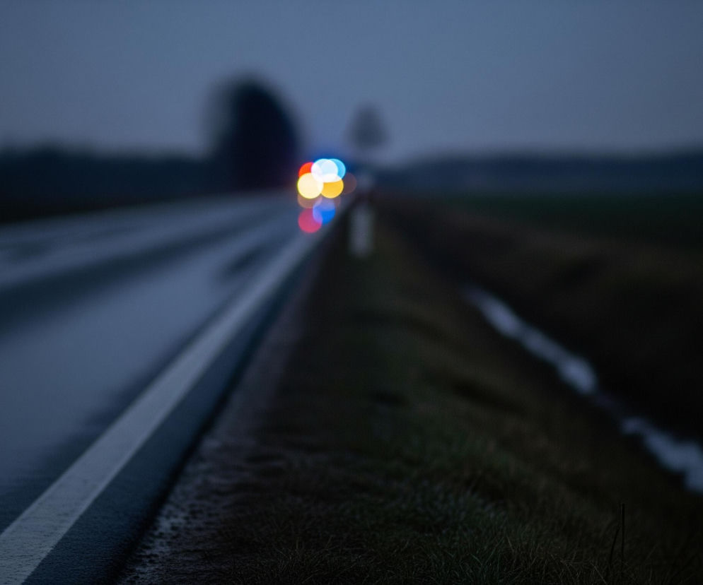 Na pierwszym planie widoczna jest mokra asfaltowa droga biegnąca w prawo, z białą linią ciągłą oddzielającą pasy. Po prawej stronie drogi rozciąga się ciemny pas trawy, a dalej niewyraźny rów z wodą. W tle, w oddali, znajdują się rozmyte światła w kolorach niebieskim, czerwonym i żółtym, sugerujące obecność pojazdu uprzywilejowanego, otoczonego ciemnym, niewyraźnym krajobrazem i szarym niebem. Całość obrazu utrzymana jest w chłodnych, ciemnych tonach, co wskazuje na wczesny wieczór lub zmierzch.