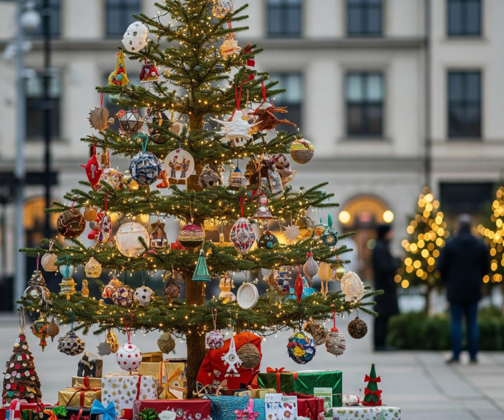 Centralnym punktem obrazu jest duża, udekorowana choinka, szczelnie pokryta różnorodnymi ozdobami oraz szeregiem małych, ciepłych, żółtych światełek, które oplatają jej zielone gałęzie. U podstawy choinki leżą liczne, zapakowane prezenty w papierach o różnych wzorach i kolorach, między innymi złotym, czerwonym i zielonym, a także kilka mniejszych, ozdobnych drzewek świątecznych. Tło stanowi rozmazany obraz miejskiego placu z budynkami o jasnych fasadach i ciemnych oknach, a także rozmyte postacie ludzi i kolejne drzewka świąteczne ozdobione ciepłym, żółtym światłem.