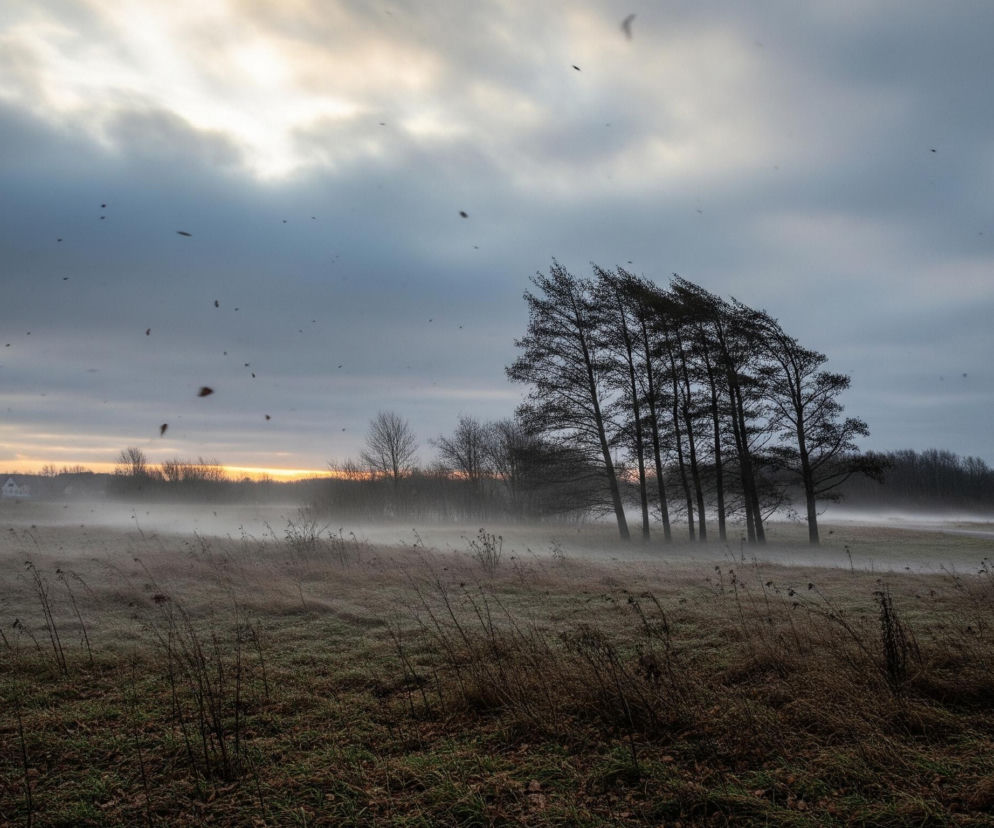 Grupka ciemnych drzew stoi na środku lekko zamglonej polany pokrytej suchą trawą, pochylając się w prawo pod wpływem wiatru. Po lewej stronie horyzont rozjaśnia pomarańczowe światło, przechodzące w szare, zachmurzone niebo, przez które unosi się wiele ciemnych, rozmazanych obiektów, prawdopodobnie pyłków lub liści. Z prawej strony obrazu widoczny jest fragment ciemnej drogi, zanikającej w mglistym tle.
