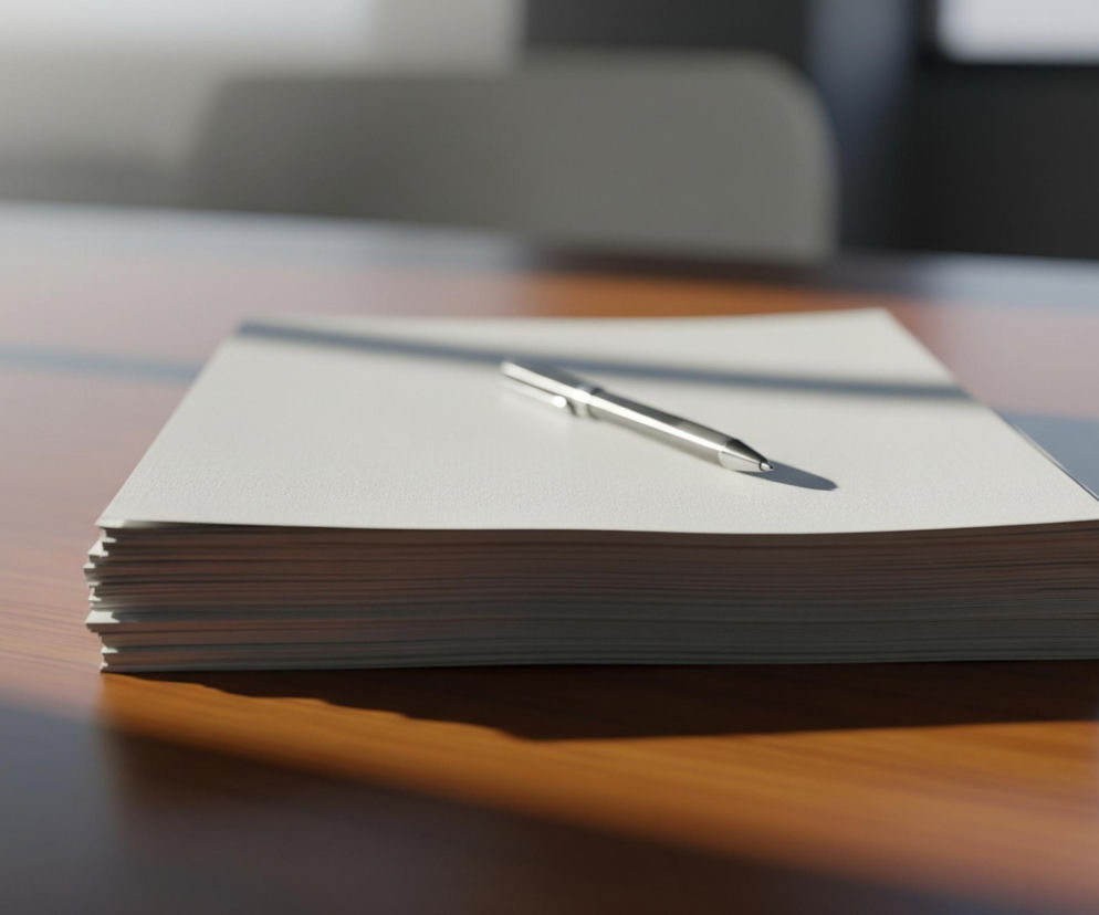 Stos białych kartek papieru leży na drewnianym stole w brązowym kolorze. Na wierzchu stosu spoczywa srebrny, błyszczący długopis. Na stole widoczne są cienie, z czego jeden, ciemniejszy, znajduje się pod stosem kartek, a drugi, rozmyty i jaśniejszy, przebiega przez długopis i rozciąga się w lewo. Tło jest rozmazane, przedstawiając jasne i ciemne obszary, sugerujące wnętrze pomieszczenia.