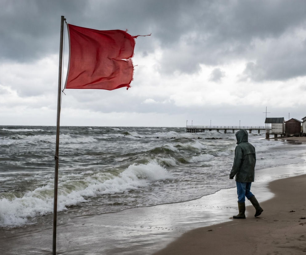Czerwona flaga na pustej plaży przy wzburzonym morzu. O zakazie kąpieli w Bałtyku przeczytasz na Eska.