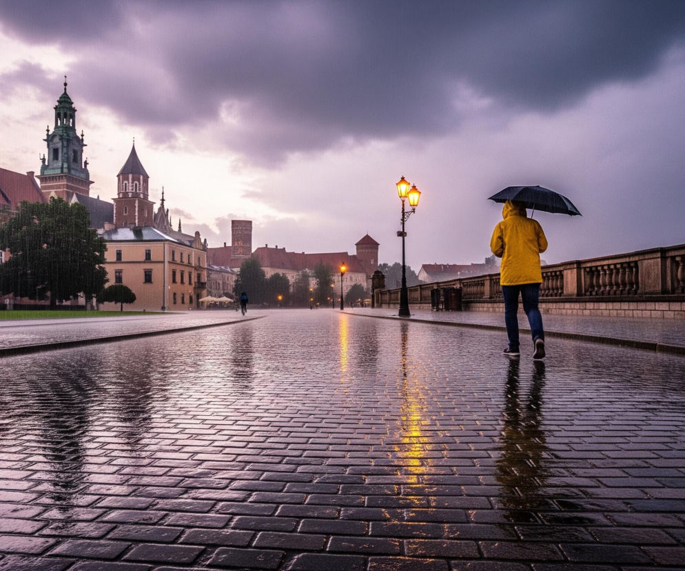 Osoba w żółtej kurtce i jeansach idzie po mokrej, ceglanej nawierzchni w lewo od centrum obrazu, trzymając otwarty czarny parasol. Na lewo, w oddali, widać budynki o czerwonych dachach i ciemne, zielone drzewa, z wyraźnie widoczną wieżą z zielonym dachem. Po prawej stronie drogi biegnie kamienna balustrada, a tuż przy niej stoi wysoka latarnia uliczna z dwoma świecącymi, pomarańczowymi kloszami, której światło odbija się w mokrej nawierzchni. Niebo jest zachmurzone, w odcieniach fioletu i szarości, a chmury dominują nad odległymi budynkami i częścią balustrady.