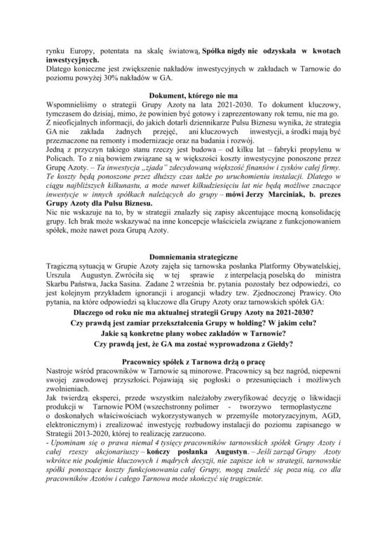 Pismo Urszuli Augustyn w sprawie Grupy Azoty w Tarnowie