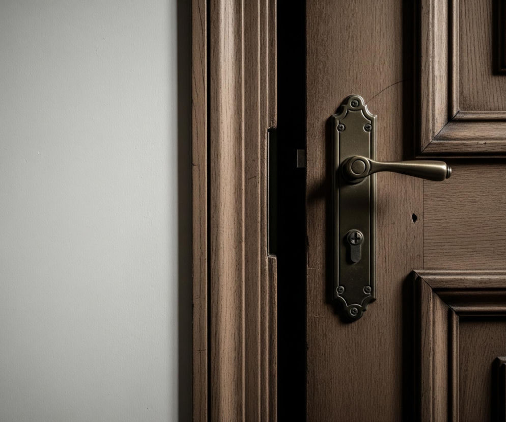 Drzwi z ciemnobrązowego drewna, ozdobione wytłaczanymi panelami i pionowymi żłobieniami, otwarte są częściowo w prawą stronę. Na drzwiach widoczna jest ozdobna, metalowa klamka w kolorze starego złota z pasującym szyldem i zamkiem na klucz, umieszczona centralnie. Po lewej stronie drzwi znajduje się jasnoszara ściana, oświetlona nierównomiernie, z subtelnymi odcieniami szarości i białymi przebarwieniami. Między otwartymi drzwiami a ścianą widoczny jest ciemny, niemal czarny prześwit.