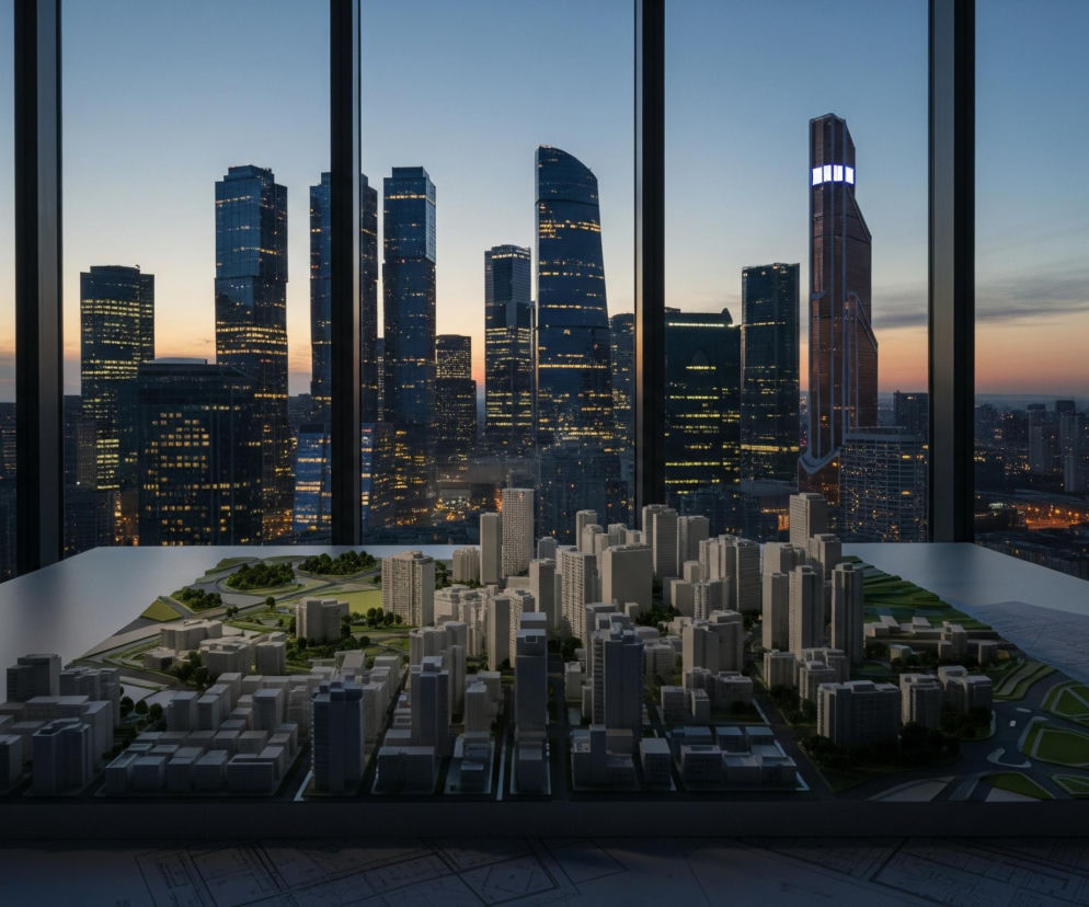 Na pierwszym planie, na dużym, jasnoszarym stole, umieszczono rozbudowaną makietę miasta. Składa się ona z wielu białych, prostokątnych budynków o różnych wysokościach, rozlokowanych wzdłuż zielonych terenów imitujących parki i ulice. Makieta zajmuje dużą część stołu, a po prawej stronie leżą arkusze papieru z niewyraźnymi rysunkami architektonicznymi.

W tle, za dużą szybą podzieloną pionowymi ramami, widać prawdziwy miejski krajobraz o zmierzchu. Dominuje tam grupa wysokich, nowoczesnych wieżowców, których okna świecą żółtym światłem. Niebo przybiera odcienie błękitu i pomarańczu, sugerując wczesny wieczór, a poniżej wieżowców rozciąga się horyzont z niezliczoną ilością miejskich świateł.