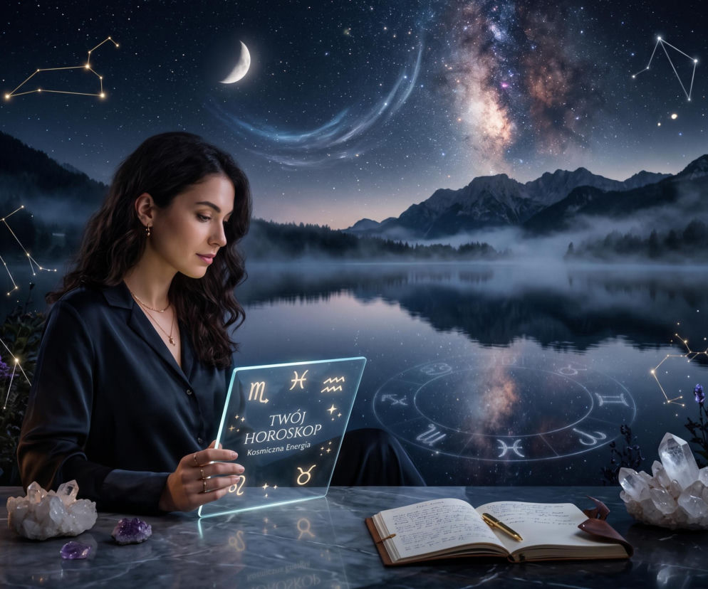 Kobieta trzyma świecącą tabliczkę z napisem Twój Horoskop na tle nocnego krajobrazu. O astrologii przeczytasz w SE.