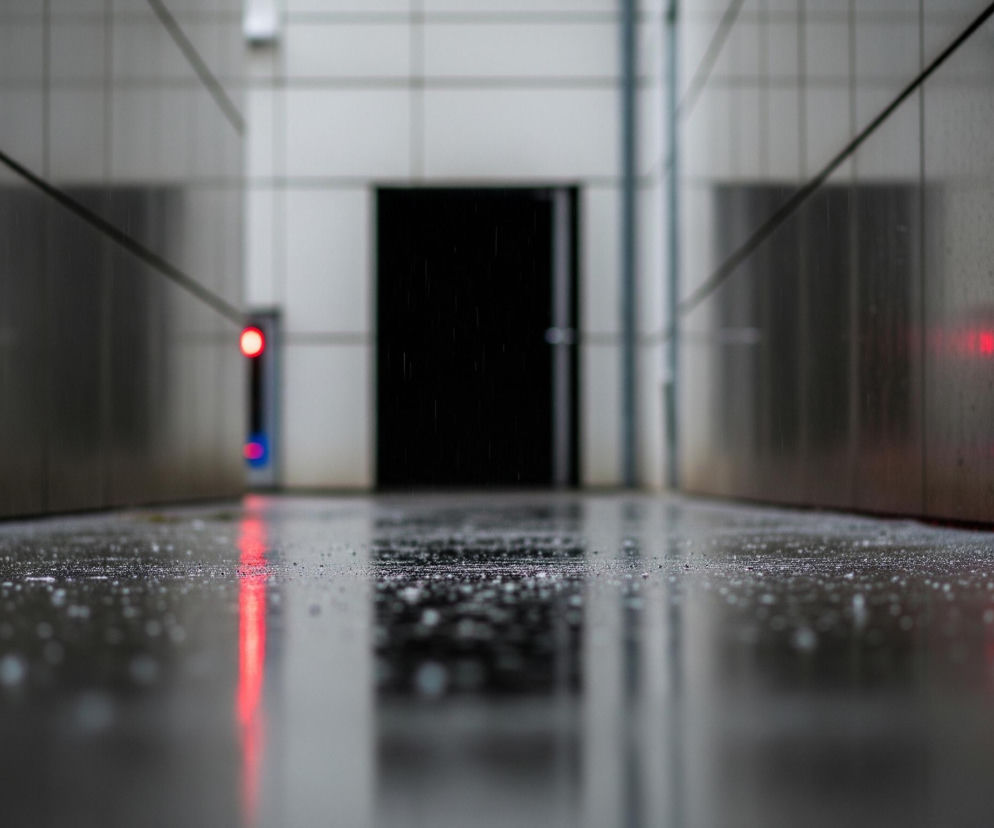 Na pierwszym planie widoczna jest mokra, ciemna posadzka, pokryta licznymi kroplami wody, z wyraźnymi odbiciami światła. Posadzka odbija również czerwoną poświatę z lewej strony oraz ciemne, pionowe kształty ścian i drzwi. Perspektywa prowadzi w głąb korytarza, którego ściany wykonane są z paneli w odcieniach szarości i czerni, ze widocznymi poziomymi i pionowymi łączeniami. Na końcu korytarza znajduje się ciemne, prostokątne wejście lub drzwi, a po lewej stronie tego wejścia pionowy panel z czerwonym, świecącym punktem u góry i niebieskim punktem niżej.