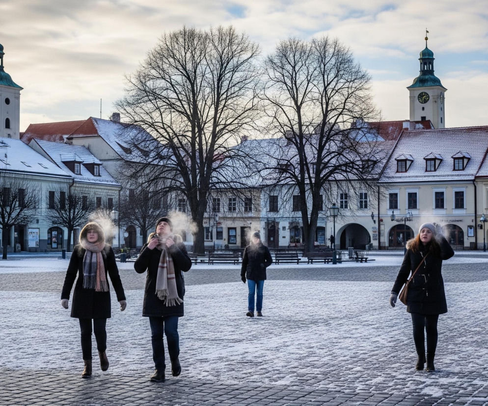 Cztery osoby spacerują po zaśnieżonym brukowanym placu miejskim, otoczonym zabytkowymi budynkami z dachami pokrytymi śniegiem i dwoma wysokimi wieżami w tle. W centrum obrazu, widać parę idącą w kierunku widza, wydychającą parę z ust w mroźnym powietrzu, a za nimi, po prawej, idzie kolejna osoba w czarnej kurtce. Na pierwszym planie, po prawej stronie, idzie kobieta w czarnej kurtce z futrzanym kapturem i beżową torbą przewieszoną przez ramię. W tle dominują dwie pozbawione liści drzewa o ciemnych gałęziach, a ponad nimi rozpościera się częściowo zachmurzone niebo, oświetlone promieniami słońca.
