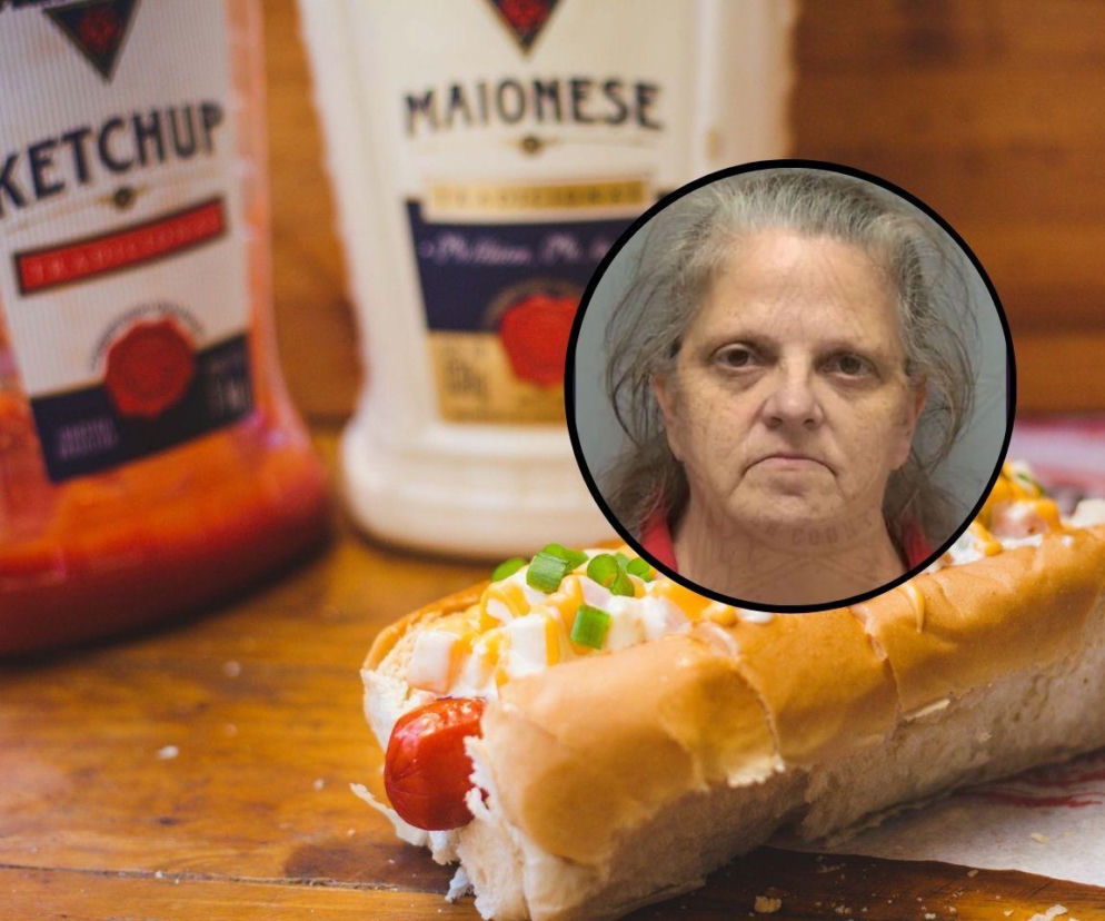 Hot dog oraz butelki ketchupu i majonezu. Na miniaturze obok wizerunek aresztowanej 57-latki. O napaści przeczytasz w Eska.