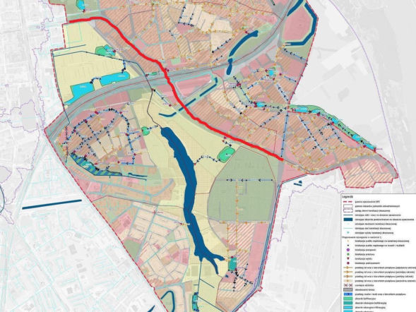 Fragment planu miejscowego dla Czerniakowa Południowego z zaznaczoną przybliżoną trasą tramwaju w Al. Polski Walczącej