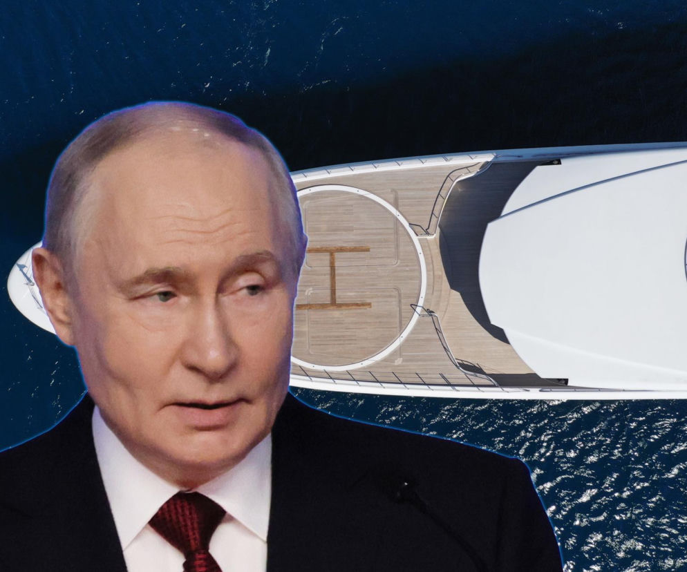 Władimir Putin na tle luksusowego jachtu Graceful, o którym więcej przeczytasz na naszym portalu. Montaż przedstawia polityka i widok z góry na pokład jednostki z lądowiskiem dla helikoptera, symbolizując bogactwo i kontrowersje związane z własnością.