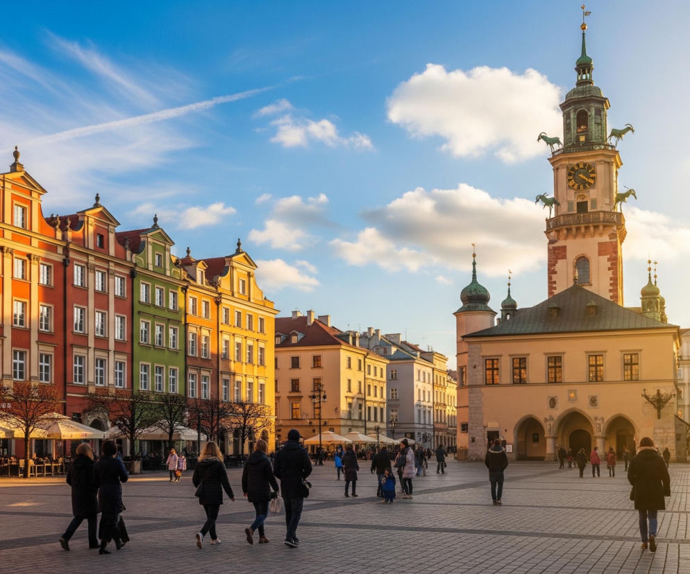 Rynek miejski z zabytkowymi kamienicami po lewej stronie i ratuszem po prawej, na pierwszym planie widoczne są przechodzące osoby. Kamienice mają intensywne, różnorodne kolory: pomarańczowy, zielony, żółty i czerwony, a ich fasady zdobią białe okna. Na brukowanym placu rozstawione są parasole kawiarnianych ogródków, a słońce rzuca długie cienie, tworząc ciepłą, złocistą poświatę na budynkach i chodniku. Niebieskie niebo z delikatnymi, białymi obłokami i smugami kondensacyjnymi odrzutowców rozciąga się nad sceną.