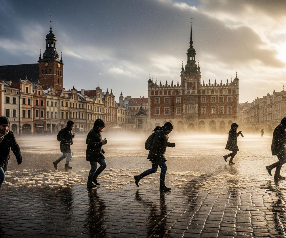Na szerokim placu z mokrej, odblaskowej kostki brukowej, widocznym z niskiej perspektywy, idzie kilka osób ubranych w kurtki i szaliki, niektóre z nich mają na sobie kaptury i plecaki. Padają drobne, białe płatki śniegu lub deszczu, które tworzą mglistą poświatę, szczególnie intensywną po prawej stronie kadru, gdzie jasne słońce przebija się przez chmury, rzucając długie cienie na bruk i oświetlając krople wody. W tle wznoszą się zabytkowe budynki o różnokolorowych fasadach i spiczastych dachach, a po prawej stronie dominuje duży, ceglany budynek z wysoką wieżą i ozdobnymi gzymsami. Po lewej stronie widać inną, masywną wieżę z zegarem.