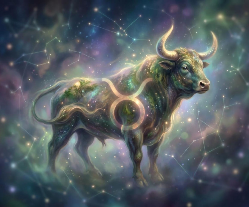 Gwieździsty byk z symbolem zodiaku na boku na tle kosmosu. O horoskopie dziennym dla Byka przeczytasz w Eska.