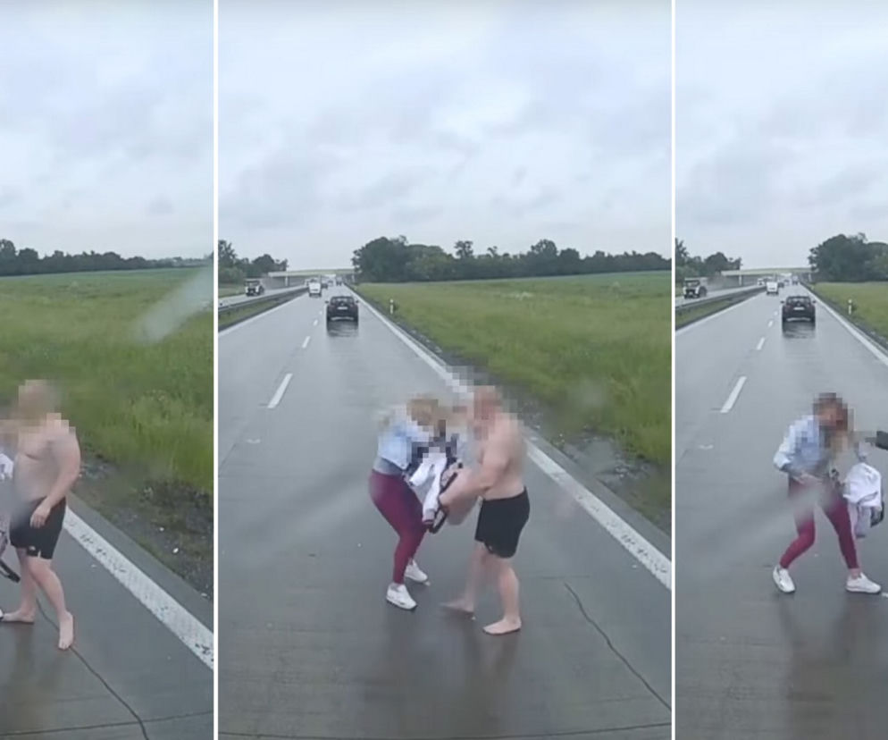 Dantejskie sceny na środku autostrady A4. Półnagi mężczyzna szarpał przerażoną kobietę