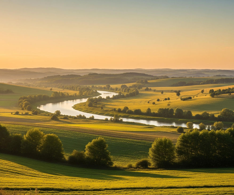 Meandrująca rzeka przebiega przez zieloną, pagórkowatą dolinę, oświetloną ciepłym światłem zachodzącego słońca, tworząc długie cienie. Wzdłuż jej brzegów rosną kępy drzew i krzewów, a także na otaczających polach uprawnych. Dalej w tle widać kolejne rzędy wzgórz i góry, zanikające w błękitno-złotym niebie.