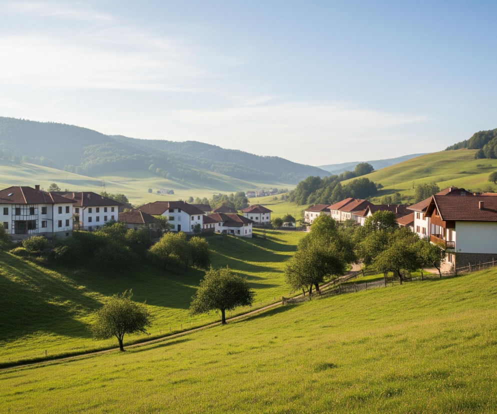 Wioska położona jest w zielonej dolinie, otoczonej pofałdowanymi wzgórzami pokrytymi drzewami i zieloną trawą. Domy mają białe ściany i brązowe, spadziste dachy z dachówek, wiele z nich posiada widoczne drewniane balkony. Długa, wąska ścieżka wije się przez trawiasty teren, a wzdłuż niej rosną pojedyncze drzewa liściaste. Czyste, niebieskie niebo dominuje w górnej części kadru, z delikatnymi, białymi smugami chmur w oddali.