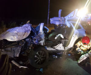 Białogrądy. Kierowca renault uderzył w drzewo. Tyle zostało z auta [ZDJĘCIA]