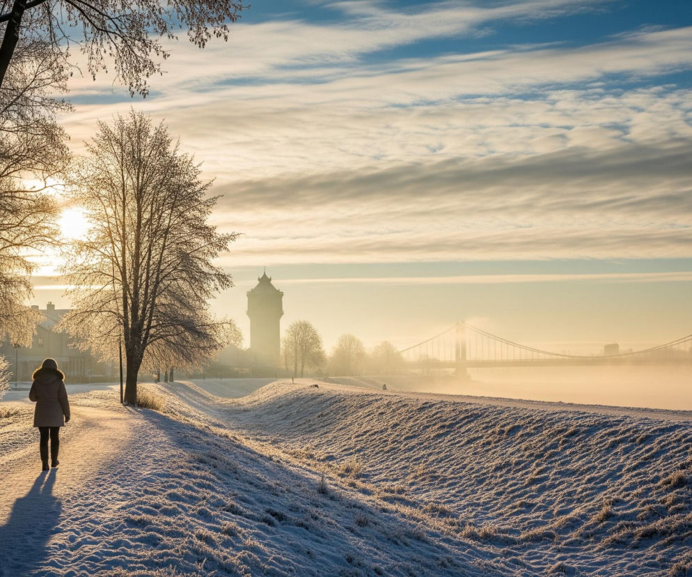 Piesza w zimowej kurtce z kapturem idzie po zaśnieżonej ścieżce, z lewej strony widoczne są oszronione drzewa, a słońce świeci nisko na niebie po lewej. W dali, w lekkiej mgle, widnieje wieża ciśnień oraz most wiszący nad rzeką. Cały krajobraz pokryty jest szronem, a niebo stopniowo przechodzi od błękitu na górze do jasnego, złocistego odcienia horyzontu.