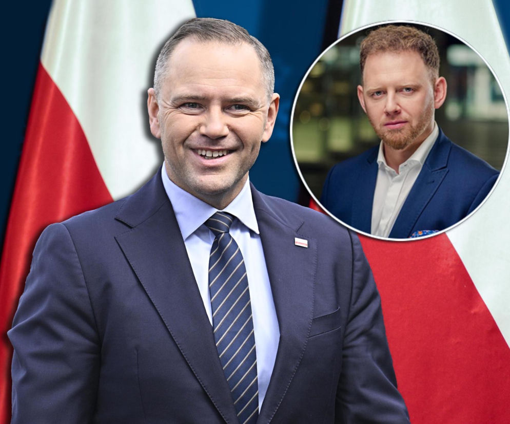 Uśmiechnięty Karol Nawrocki na tle flag Polski. Na miniaturze ekspert dr Krystian Dudek. O wywiadzie przeczytasz na SE Polityka.