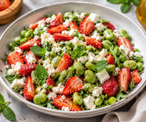 Sałatka z bobu i truskawek smakuje jak lato na talerzu. Feta i balsamico robią tu całą robotę