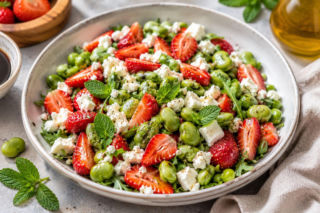 Sałatka z bobu i truskawek smakuje jak lato na talerzu. Feta i balsamico robią tu całą robotę
